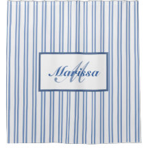 Blue White Ticking Stripes  Farmhouse Monogrammed