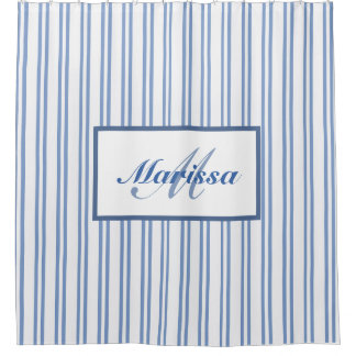 Blue White Ticking Stripes  Farmhouse Monogrammed Shower Curtain