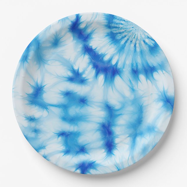 Blue White Tie Dye Paper Plates (Front)