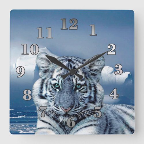 Blue White Tiger Square Wall Clock