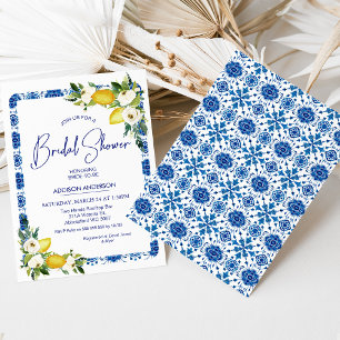 Blue White Tile Floral Lemon Bridal Shower Invitation