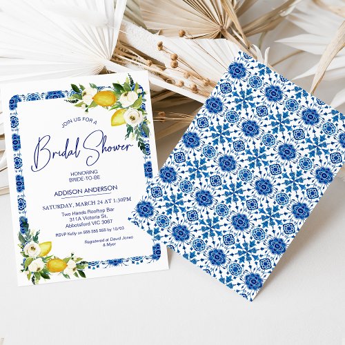 Blue White Tile Floral Lemon Bridal Shower Invitation