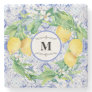 Blue White Tile Lemon Citrus Wreath Farmhouse Art Stone Coaster