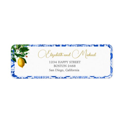 Blue White Tile Lemon Elegant Modern Chic Wedding Label