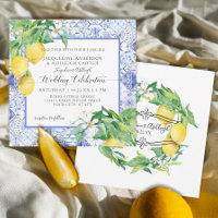 Blue White Tile Lemon Floral Citrus Foliage Rustic