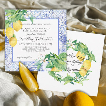 Blue White Tile Lemon Floral Citrus Foliage Rustic Invitation