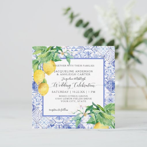 Blue White Tile Lemon Floral Citrus Foliage Rustic Invitation | Zazzle