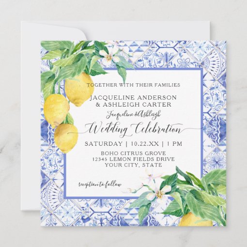 Blue White Tile Lemon Floral Citrus Foliage Rustic Invitation | Zazzle