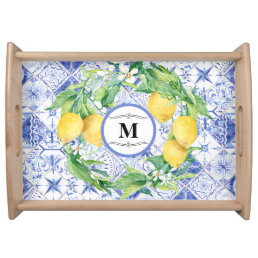 Blue White Tile Lemon Floral Wreath Farmhouse Art Serving Tray
