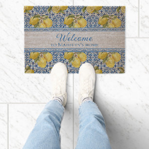 Blue White Tile Lemon Mediterranean Name Welcome Fiber Doormat