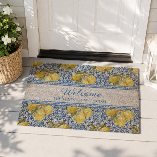 Blue White Tile Lemon Mediterranean Name Welcome Fiber Doormat