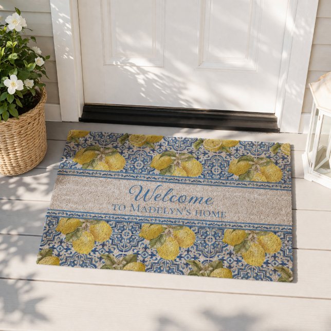 Blue White Tile Lemon Mediterranean Name Welcome Fiber Doormat (Creator Uploaded)