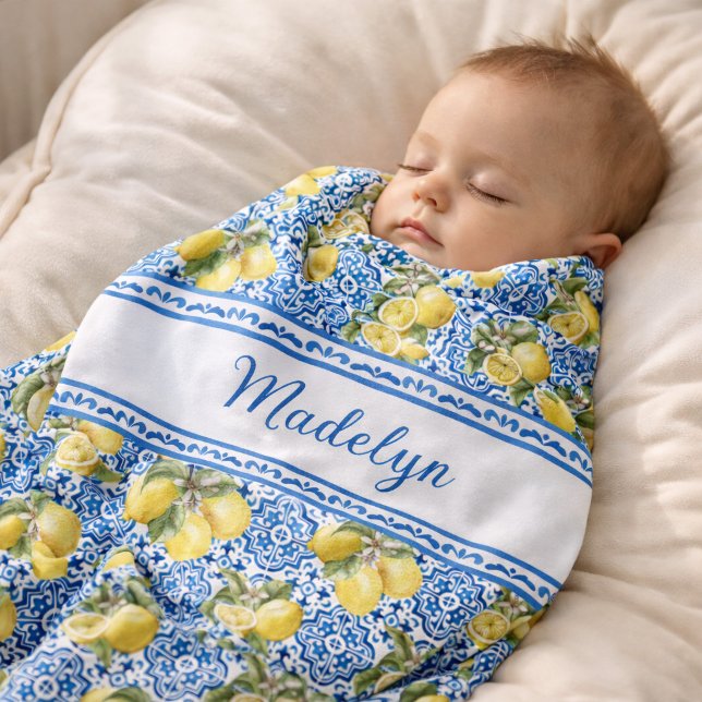 Blue White Tile Lemon Mediterranean Pattern Name Baby Blanket (Creator Uploaded)