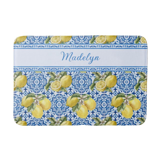 Blue White Tile Lemon Mediterranean Pattern Name Bath Mat (Front)