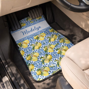Blue White Tile Lemon Mediterranean Pattern Name Car Floor Mat