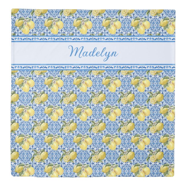 Blue White Tile Lemon Mediterranean Pattern Name Duvet Cover (Front)