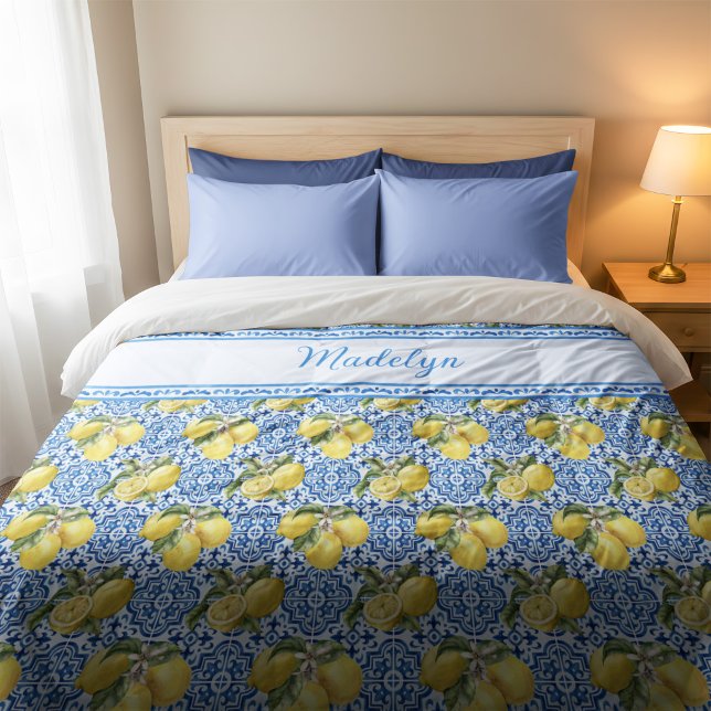 Blue White Tile Lemon Mediterranean Pattern Name Duvet Cover (Creator Uploaded)