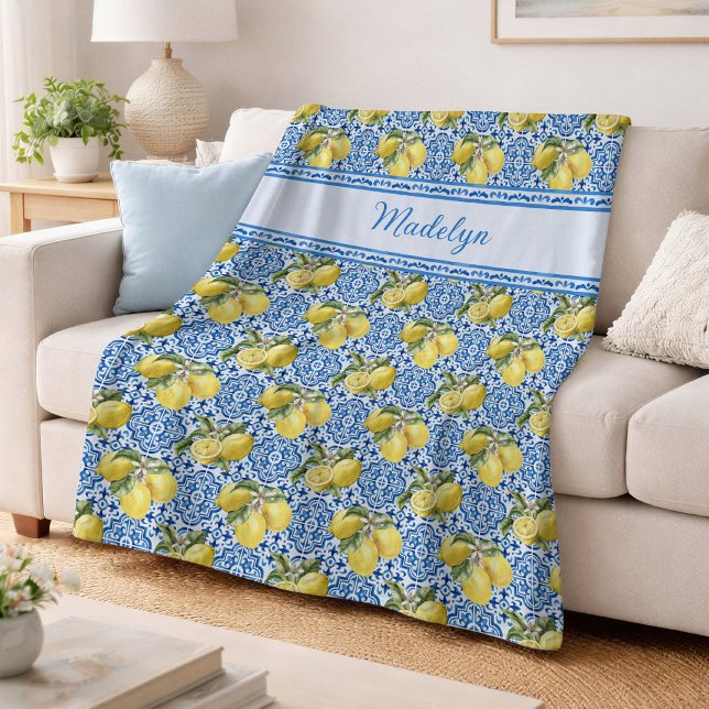 Blue White Tile Lemon Mediterranean Pattern Name Fleece Blanket (Creator Uploaded)