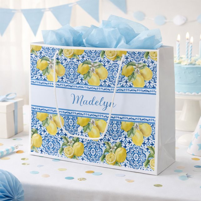 Blue White Tile Lemon Mediterranean Pattern Name Large Gift Bag (Creator Uploaded)