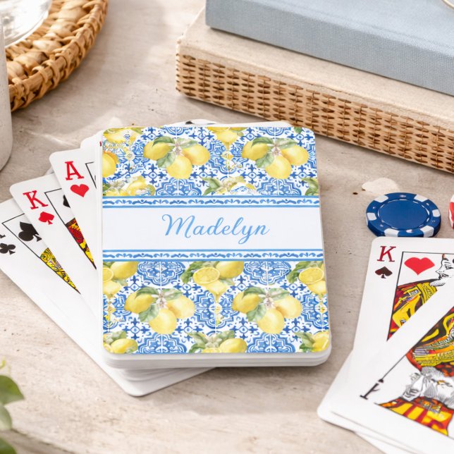 Blue White Tile Lemon Mediterranean Pattern Name Poker Cards (Creator Uploaded)