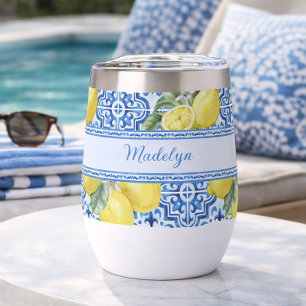 Blue White Tile Lemon Mediterranean Pattern Name Thermal Wine Tumbler