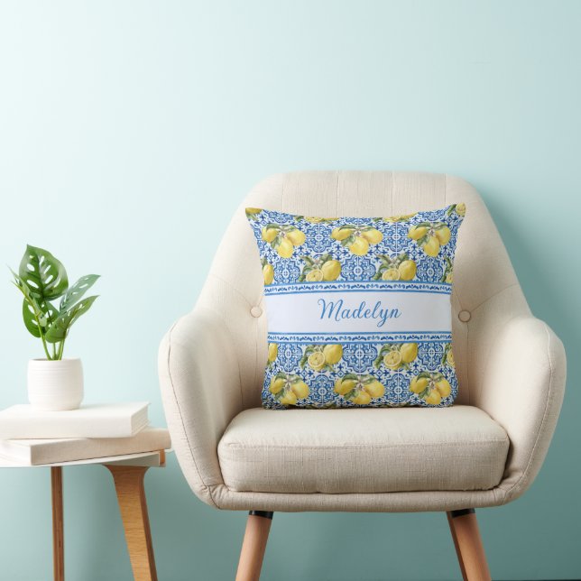 Blue White Tile Lemon Mediterranean Pattern Name Throw Pillow (Chair)