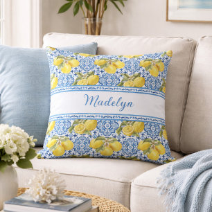 Blue White Tile Lemon Mediterranean Pattern Name Throw Pillow