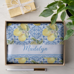 Blue White Tile Lemon Mediterranean Pattern Name Tissue Paper