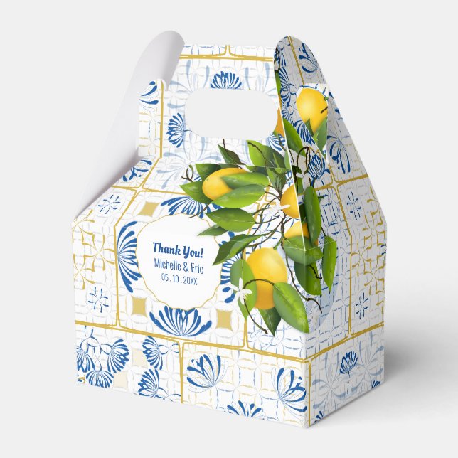 Blue White Tile Lemon Mediterranean Wedding Favor Boxes (Front Side)