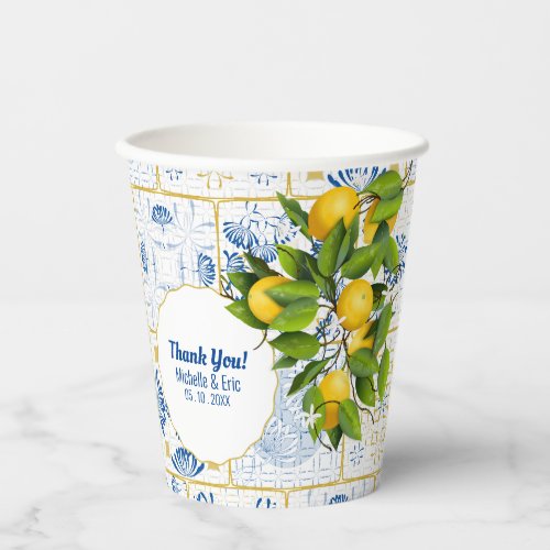 Blue White Tile Lemon Mediterranean Wedding Paper Cups