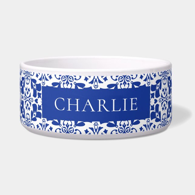 Blue White Tile Pattern Elegant Personalized Pet Bowl (Front)