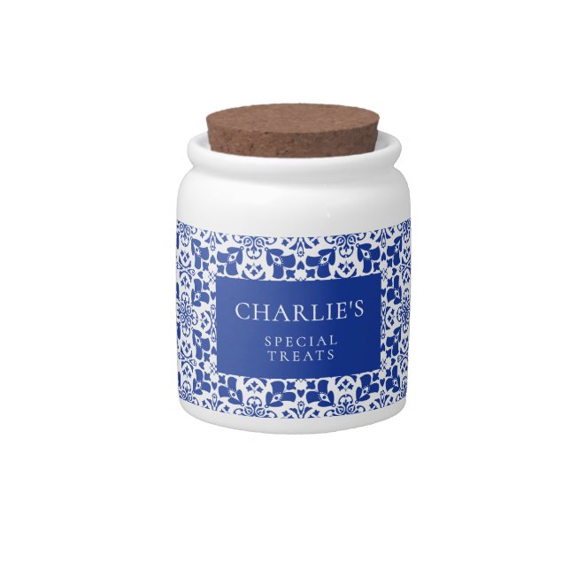 Blue White Tile Pattern Elegant Personalized Pet Candy Jar (Front)