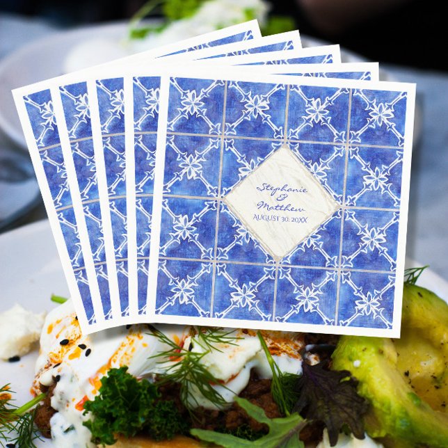 Blue White Tile Pattern Wedding Watercolor Rustic Napkins (Creator Uploaded)