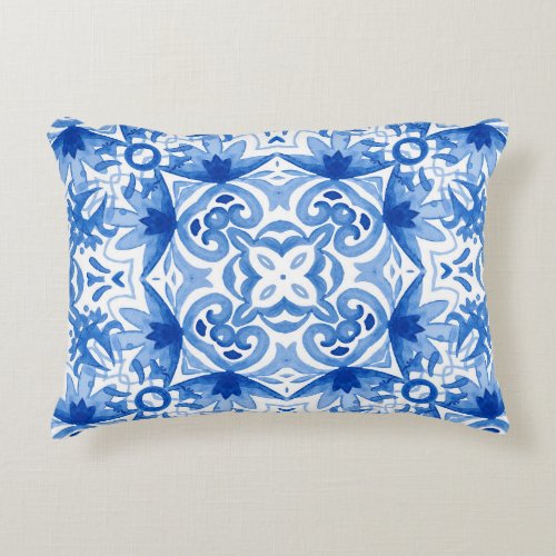 Blue white tile watercolor seamless pattern accent pillow