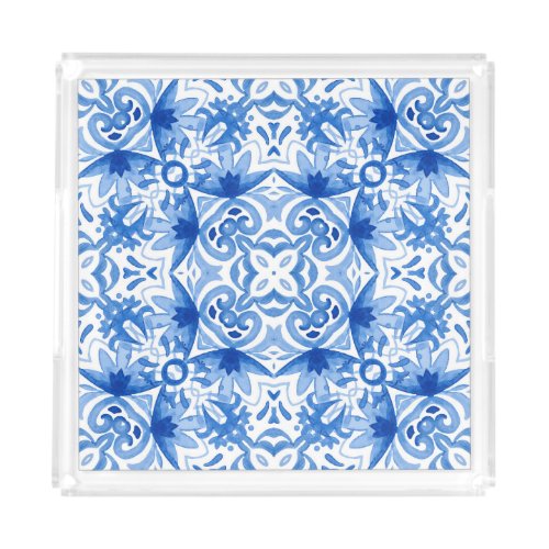 Blue white tile watercolor seamless pattern acrylic tray