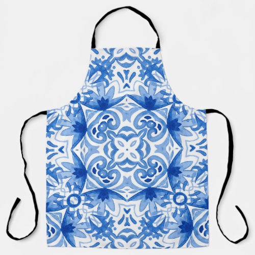 Blue white tile watercolor seamless pattern apron