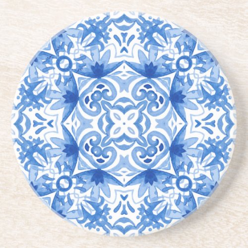 Blue white tile watercolor seamless pattern coaster