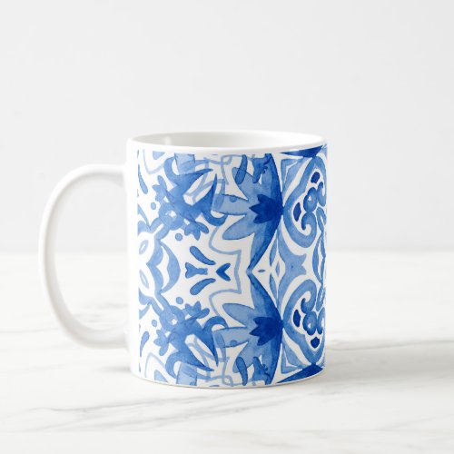 Blue white tile watercolor seamless pattern coffee mug