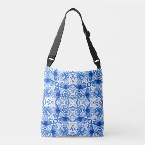 Blue white tile watercolor seamless pattern crossbody bag