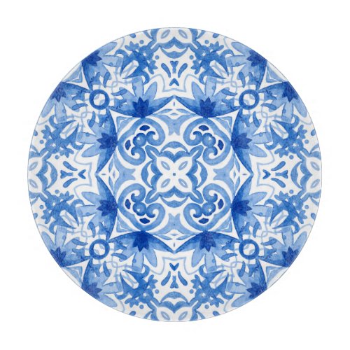 Blue white tile watercolor seamless pattern cutting board
