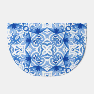Blue white tile, watercolor seamless pattern. doormat