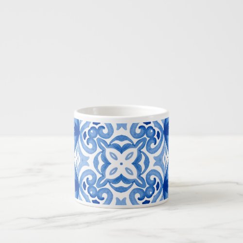 Blue white tile watercolor seamless pattern espresso cup