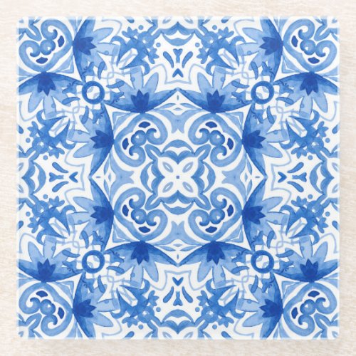 Blue white tile watercolor seamless pattern glass coaster
