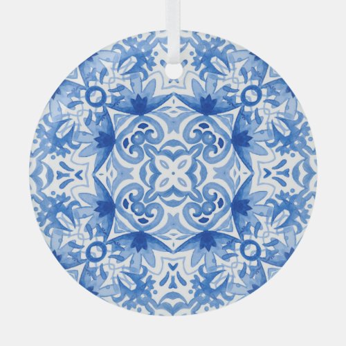 Blue white tile watercolor seamless pattern glass ornament
