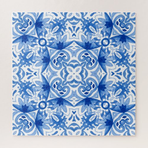 Blue white tile watercolor seamless pattern jigsaw puzzle