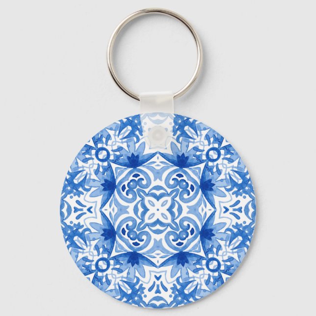 Blue white tile, watercolor seamless pattern. keychain (Front)