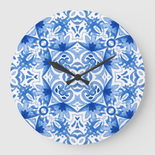 Blue white tile watercolor seamless pattern large clock