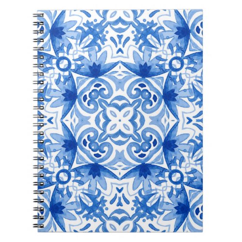 Blue white tile watercolor seamless pattern notebook