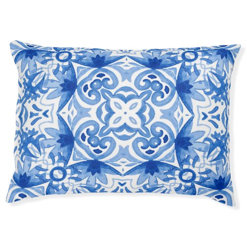 Blue white tile watercolor seamless pattern pet bed