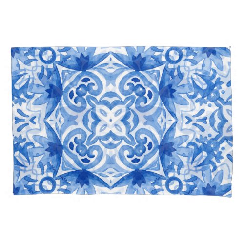 Blue white tile watercolor seamless pattern pillow case